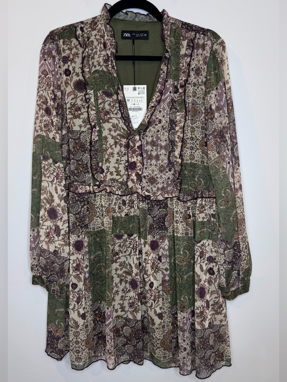 NEW Zara Bohemian patchwork Floral Long-Sleeve Mini Dress chiffon sz M